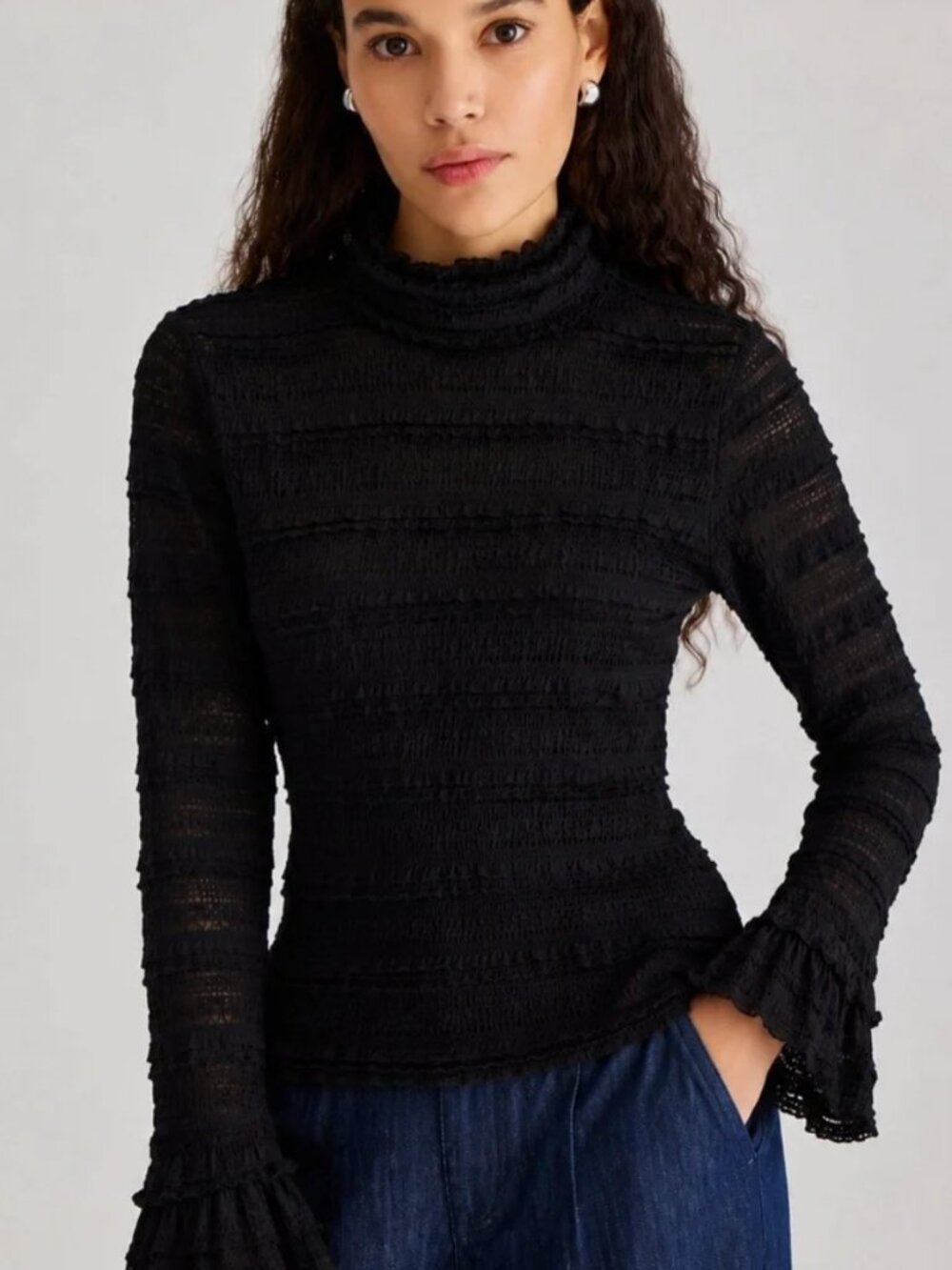 Cinq à Sept Ruffle Mock Neck Sheer Romantic Lace Victorian Style Black Blouse S